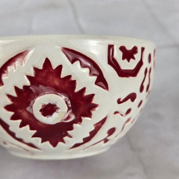 Set of 2 Small Turkish Bowls Red White Embossed Ceramic Trinkets Food Safe - Picture 5 of 7